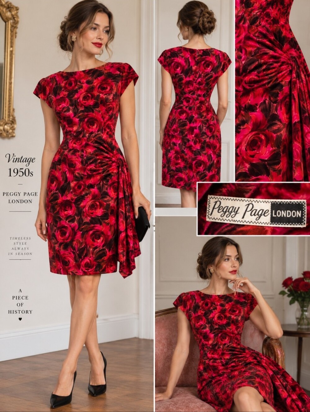 Vintage 1950s Peggy Page London Floral Velvet Dress Red Pink Rose Print XS
